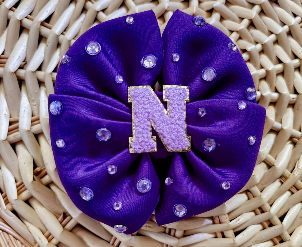 “N” Purple Messy Big Bow (clip or on nylon)